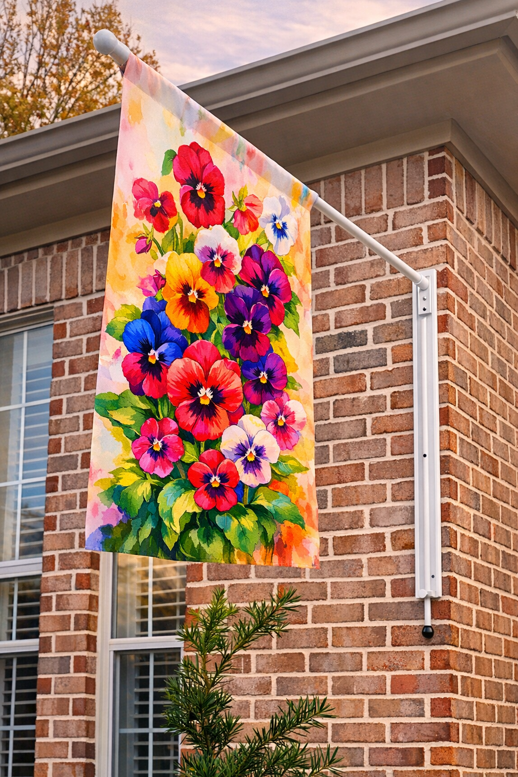 White VersaMast System displaying colorful pansy garden flag
